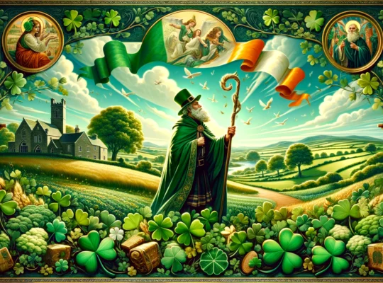 An AI painting Saint Patrick in a field of clover