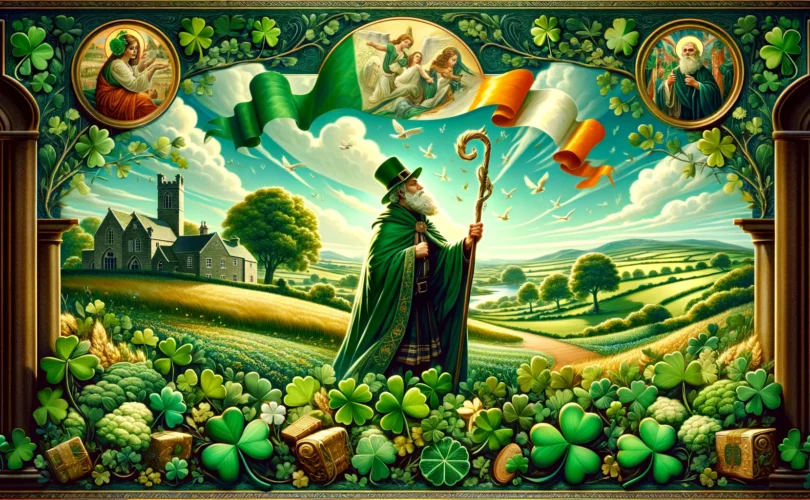 An AI painting Saint Patrick in a field of clover