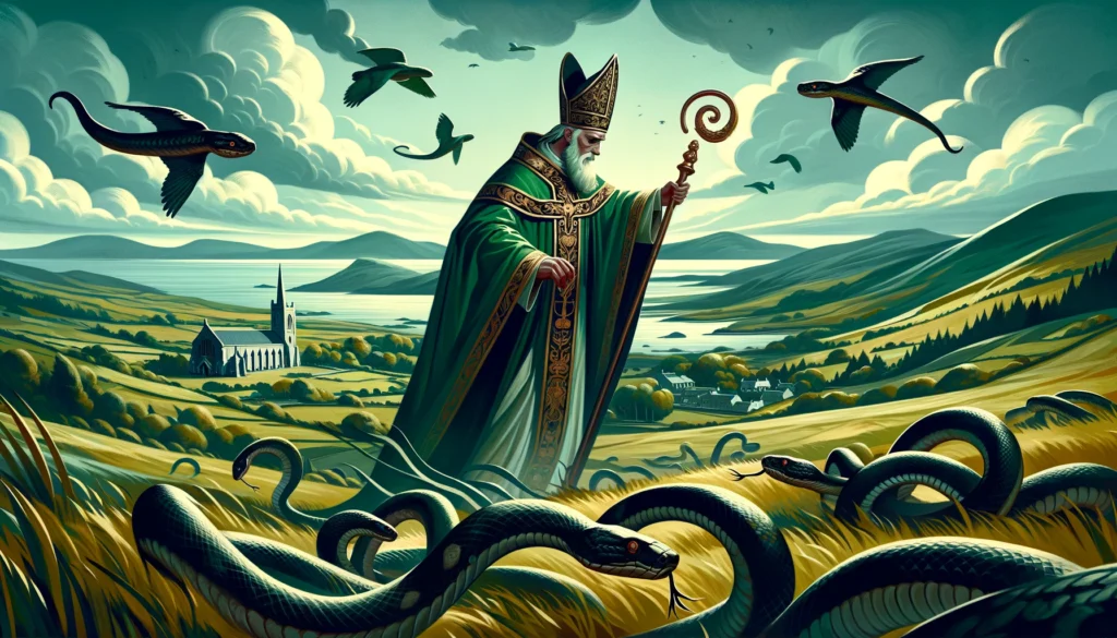 An AI painting of Saint Patrick in a field of snakes.