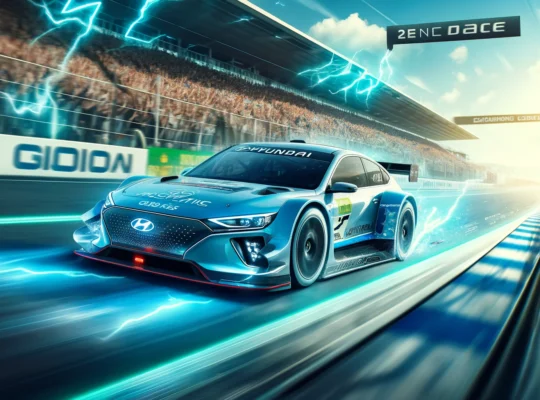 Wide banner image showcasing Hyundai's Ioniq 5 N eN1 Cup electric vehicle racing on a futuristic, sustainable racetrack. The car is adorned with electric power symbols, including lightning bolts, emphasizing its eco-friendly, electric nature. The background is dynamically blurred, suggesting high velocity, under a clear sky to highlight a pollution-free environment. Enthusiastic fans are visible in the background, cheering for the advancement of green technology and sustainable racing. The Hyundai logo is subtly integrated, promoting the brand's innovation in electric vehicles.