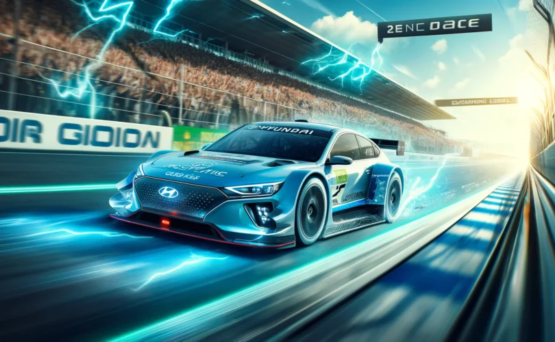 Wide banner image showcasing Hyundai's Ioniq 5 N eN1 Cup electric vehicle racing on a futuristic, sustainable racetrack. The car is adorned with electric power symbols, including lightning bolts, emphasizing its eco-friendly, electric nature. The background is dynamically blurred, suggesting high velocity, under a clear sky to highlight a pollution-free environment. Enthusiastic fans are visible in the background, cheering for the advancement of green technology and sustainable racing. The Hyundai logo is subtly integrated, promoting the brand's innovation in electric vehicles.