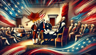 An AI Stylized Image of the signing of the Declaration of Independence with Red, White, and Blue themes.