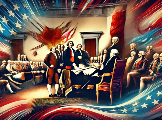 An AI Stylized Image of the signing of the Declaration of Independence with Red, White, and Blue themes.