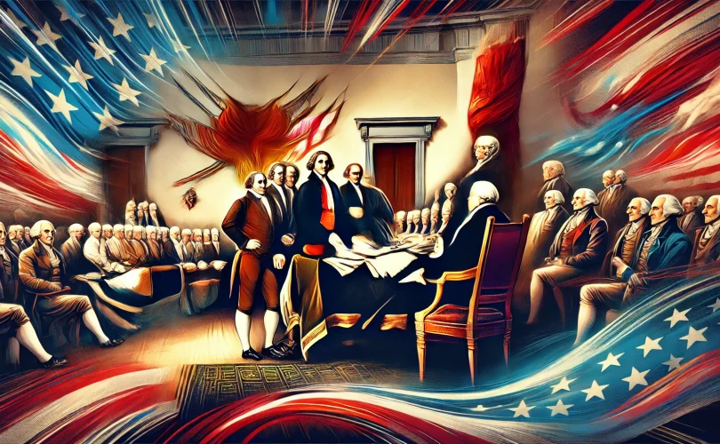 An AI Stylized Image of the signing of the Declaration of Independence with Red, White, and Blue themes.