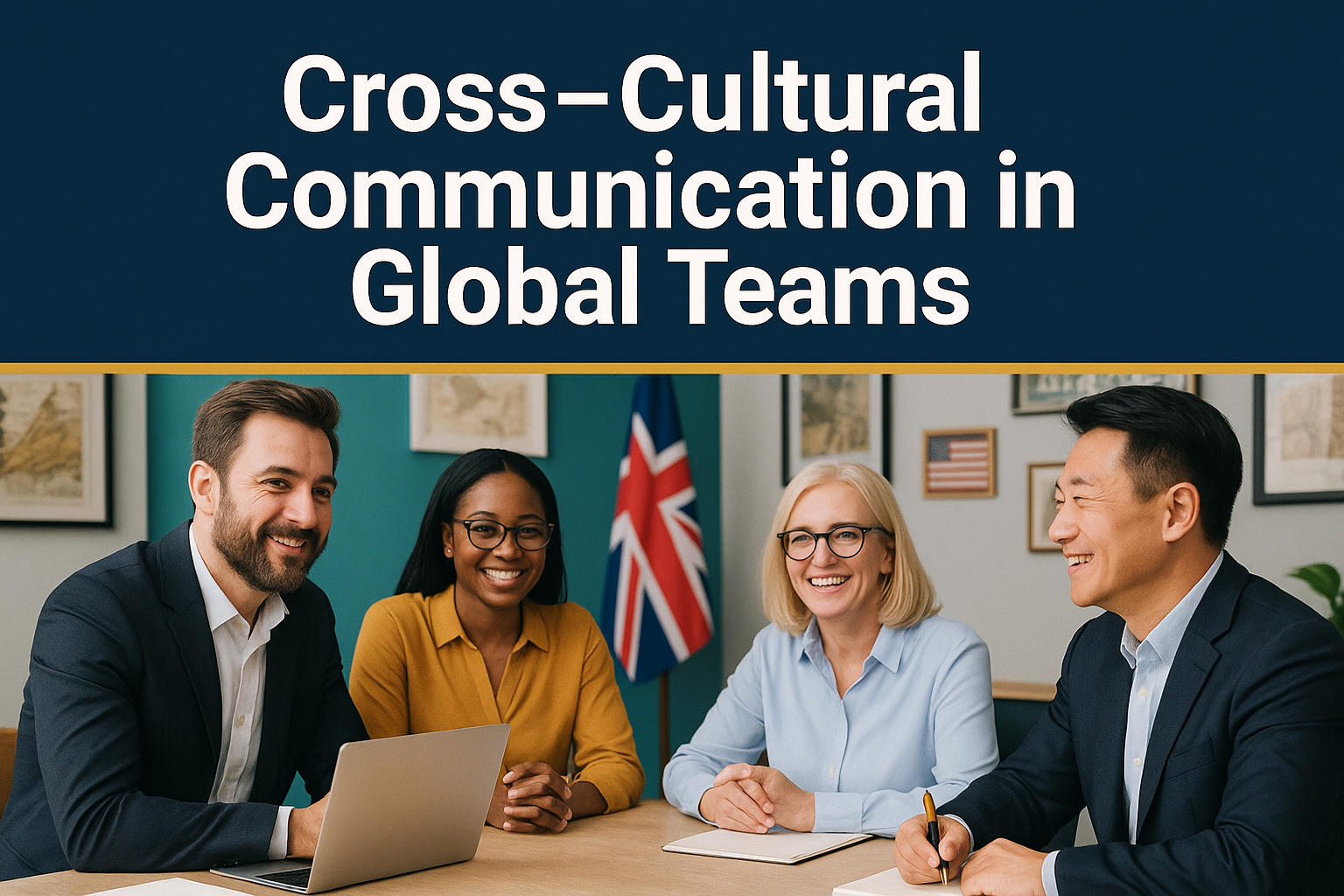A diverse team of professionals in discussion around a table with international flags in the background, illustrating cross-cultural communication in global teams.