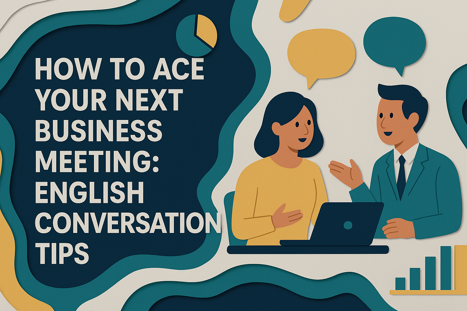 A professional 3D paper cut illustration showing two business professionals discussing ideas with speech bubbles and graphs, designed in brand colors to support the article on English conversation tips for business meetings.