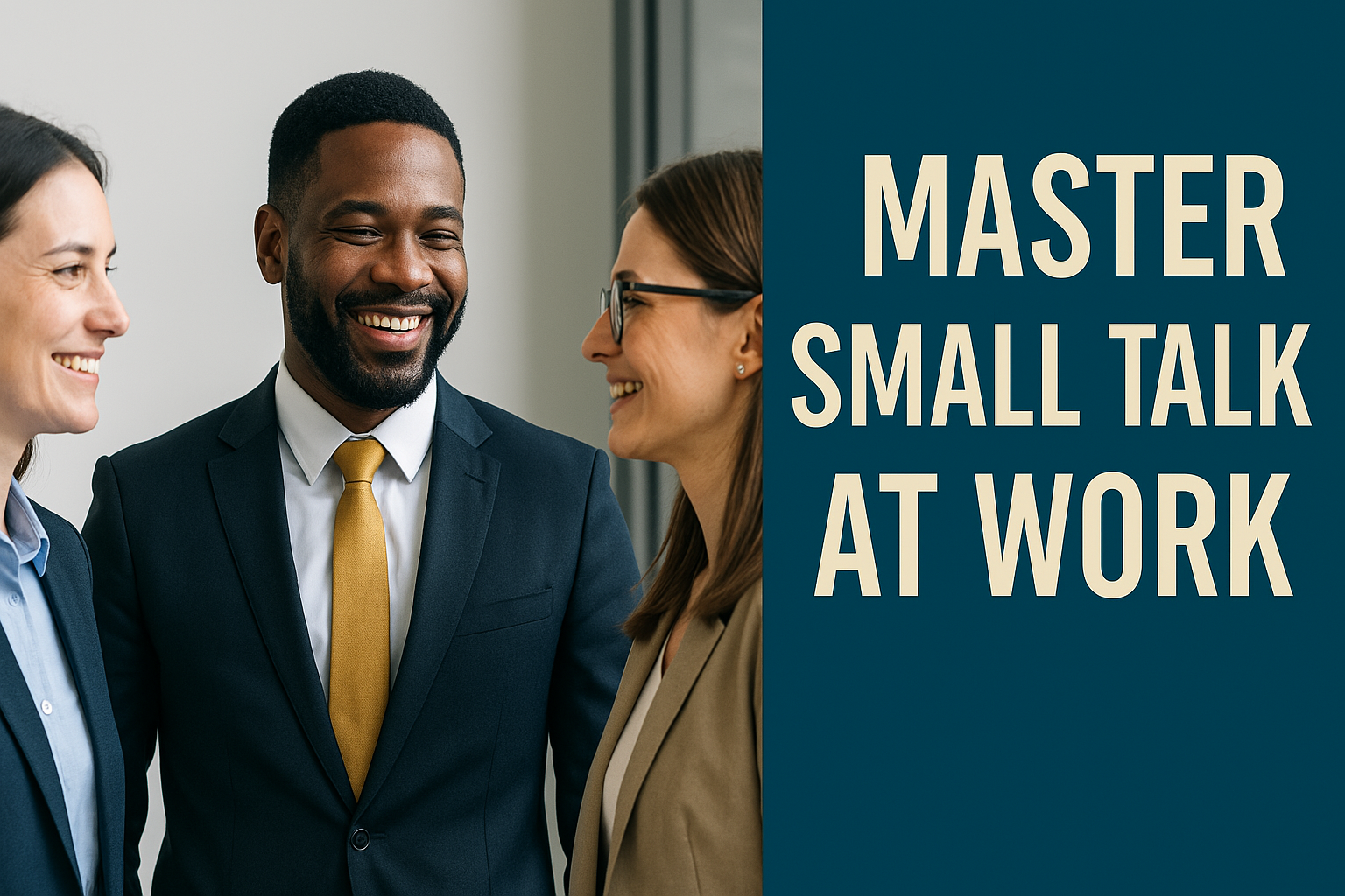 Business professionals having a lively conversation in a modern office, with a teal and navy banner that says "Master Small Talk at Work"