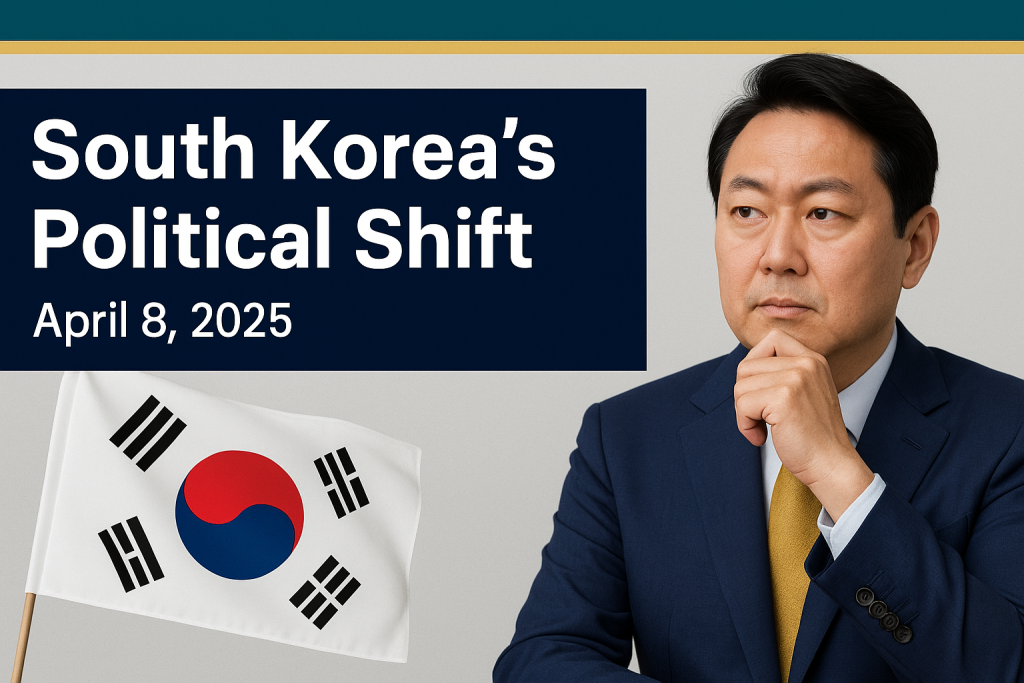 A Korean man in a navy suit stands next to the South Korean flag under bold white text reading “South Korea’s Political Shift,” in a modern, teal-accented setting.