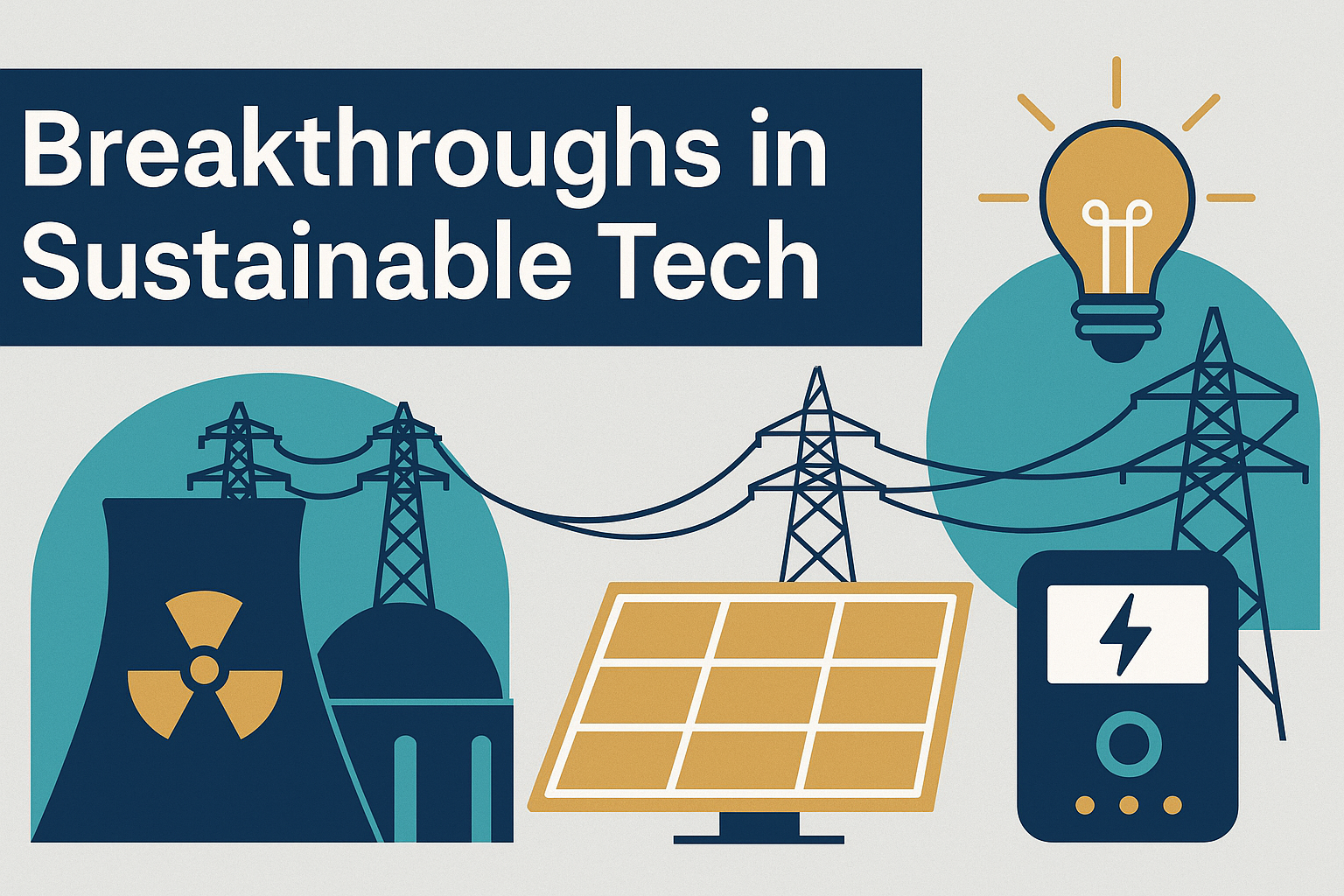 Banner image for breakthroughs in energy tech showing a nuclear power plant, smart grid towers, and solar panels in navy blue, gold, and teal tones.