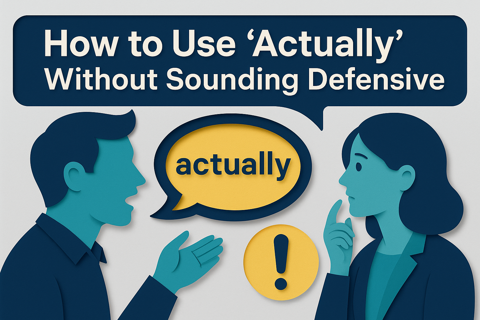 3D paper cut illustration of two professionals discussing with speech bubbles and the word “actually” emphasized; visual supports the article on how to use actually in English conversations without sounding defensive.