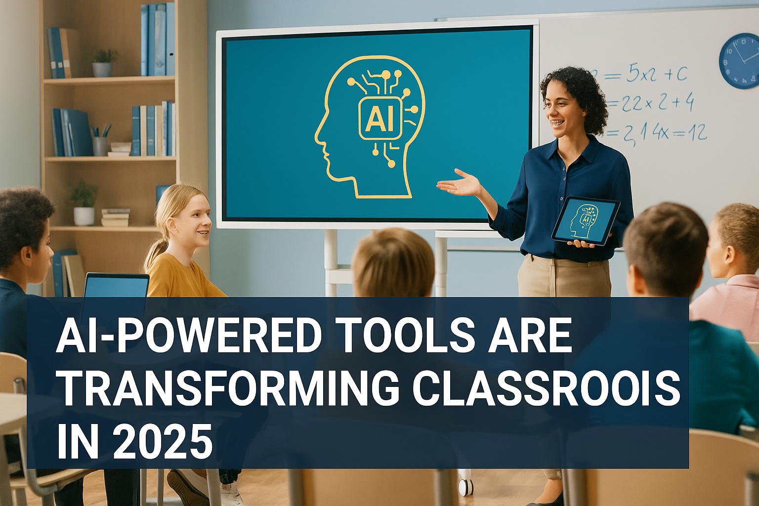 A modern classroom in 2025 with a smiling teacher using AI-powered education tools to engage students seated at desks with laptops and tablets.