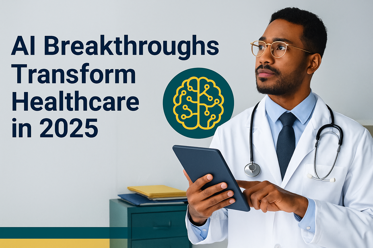 Doctor using tablet during AI-powered healthcare consultation in 2025, highlighting AI breakthroughs in healthcare 2025.