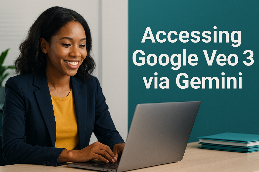 Smiling woman at a desk using a laptop to explore Accessing Google Veo 3 via Gemini in a professional setting, with teal and navy branding.