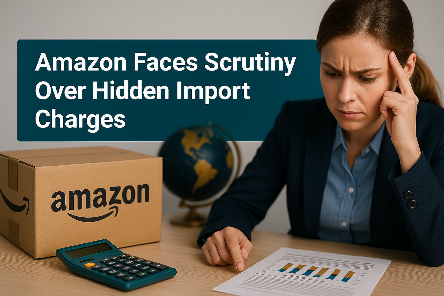 Concerned woman in a navy blazer reviews import fee documents next to an Amazon box and calculator, representing Amazon hidden import charges issue.