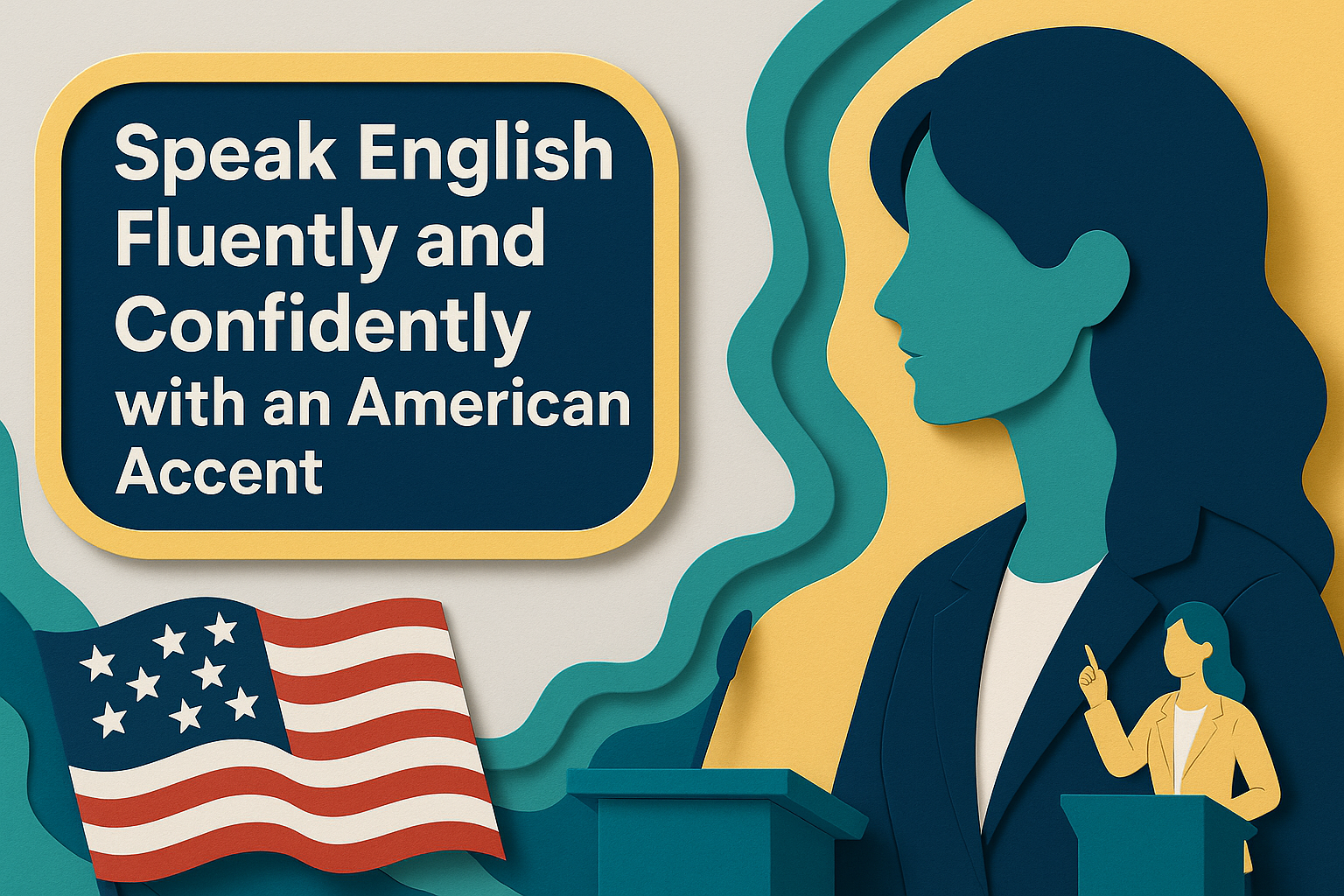 Speak English fluently and confidently with an American accent – 3D paper cut style banner with American flag and professional speaker visuals