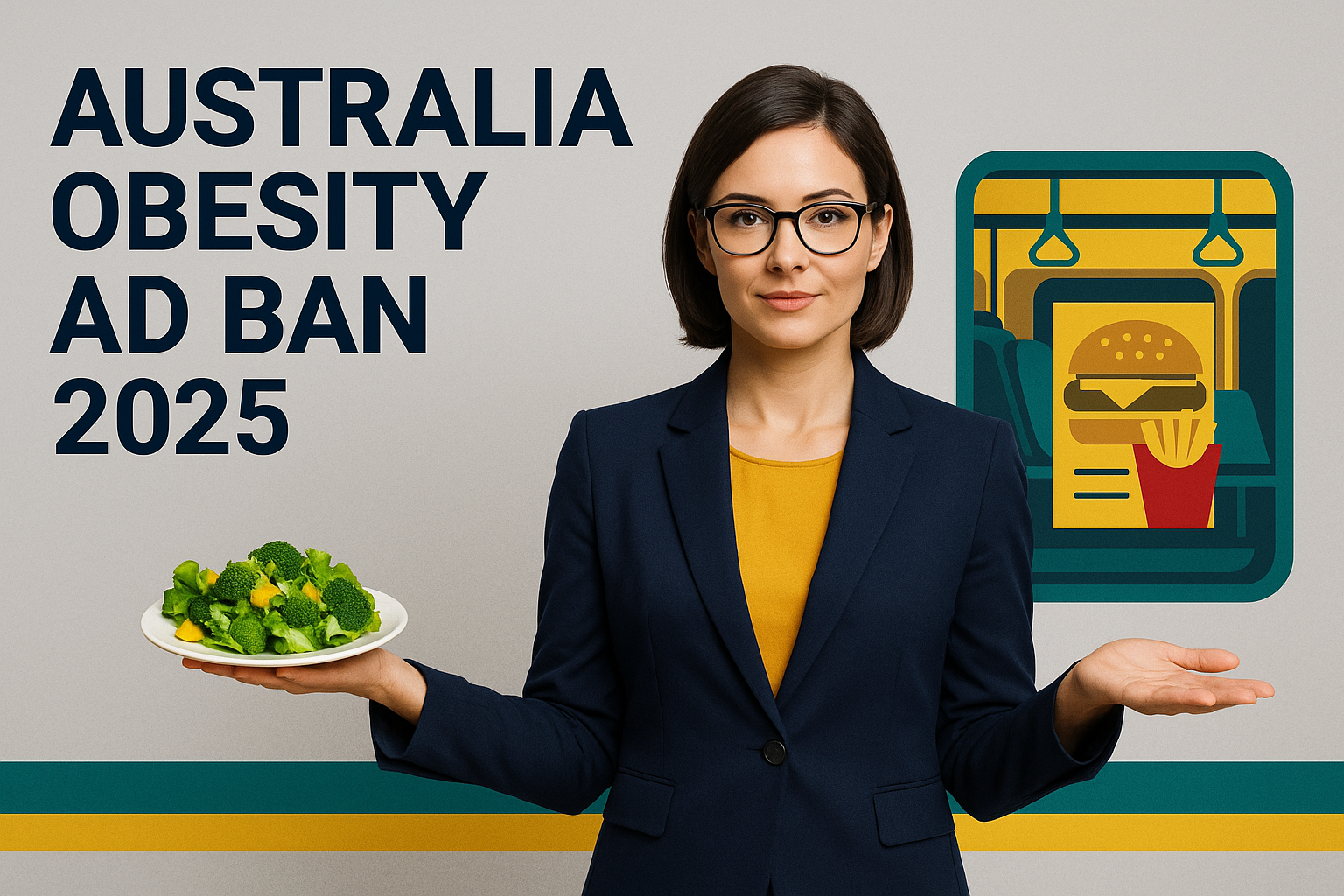 Professional woman holding a salad and gesturing toward a junk food ad on public transport, symbolizing Australia obesity ad ban 2025 in navy, gold, and teal brand colors.
