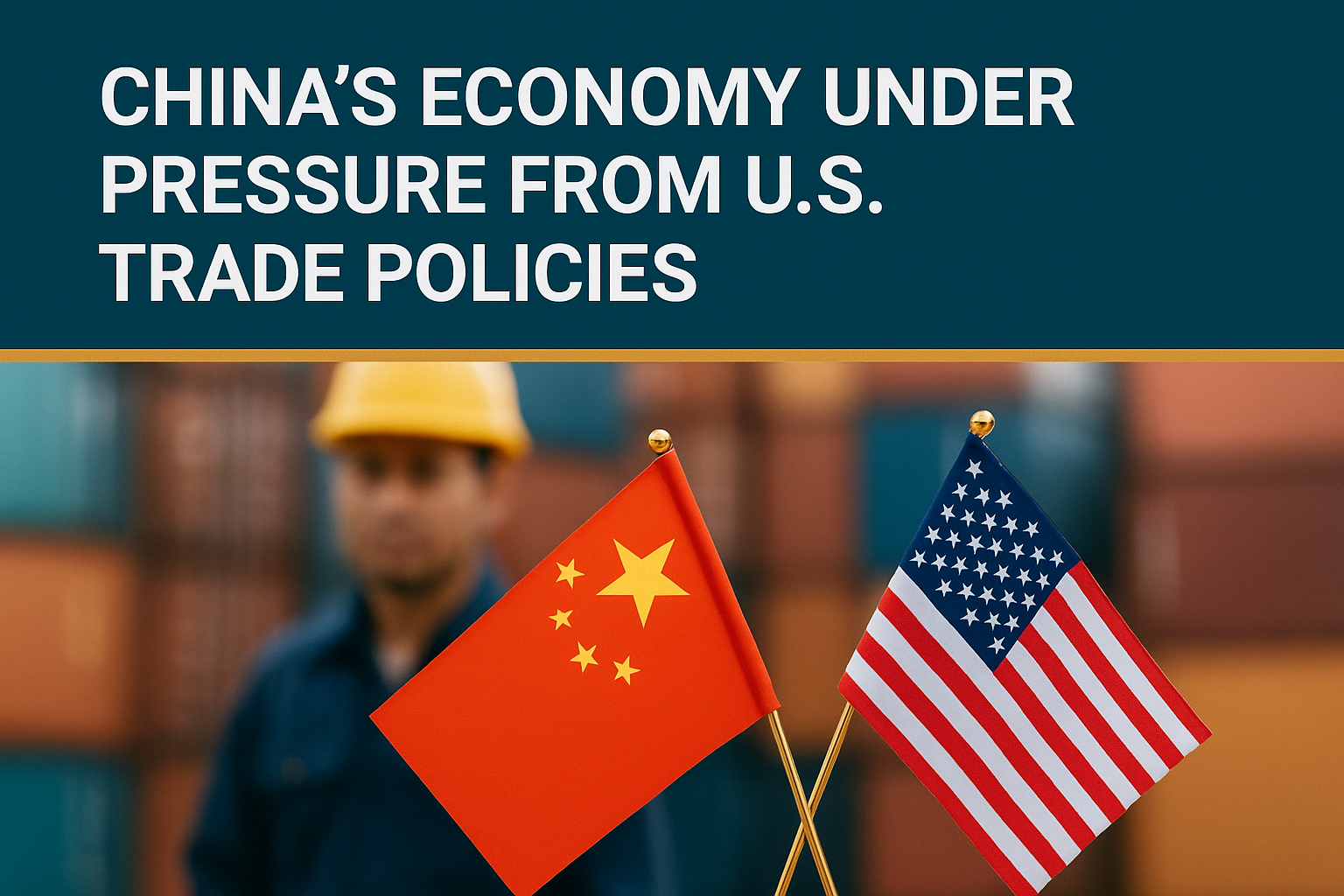 Chinese and American flags in front of shipping containers with a worker blurred in the background, symbolizing China economy U.S. tariffs tension