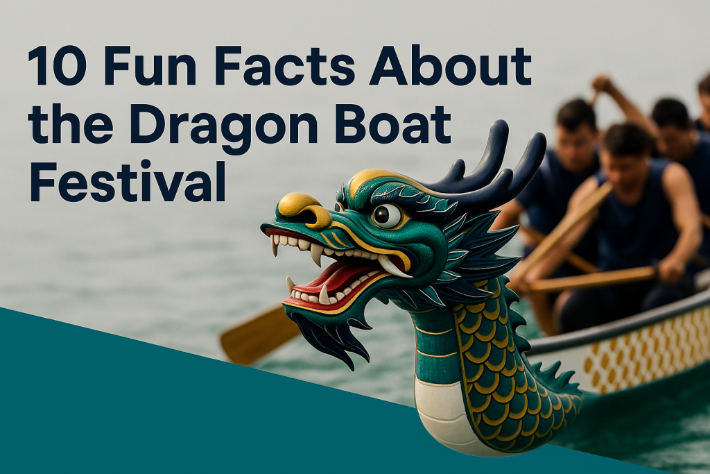 Banner image showing a vivid dragon boat with synchronized paddlers and a detailed dragon head, emphasizing key visuals and text for Dragon Boat Festival Facts.
