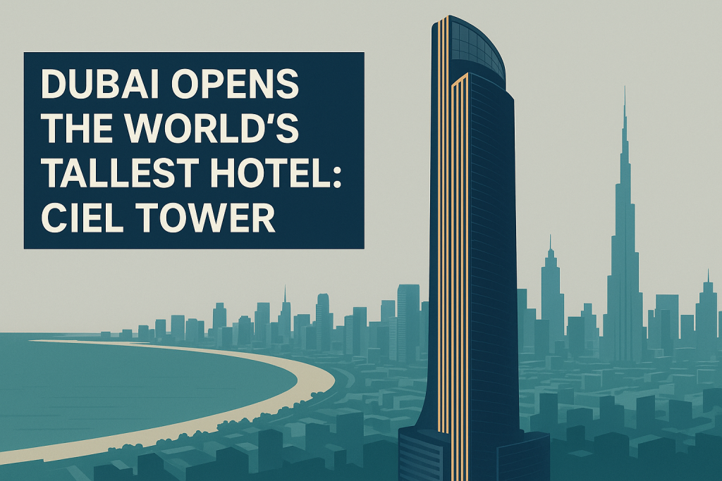 Illustration of Ciel Tower rising above Dubai’s skyline and coastline, highlighting the world’s tallest hotel in Dubai.