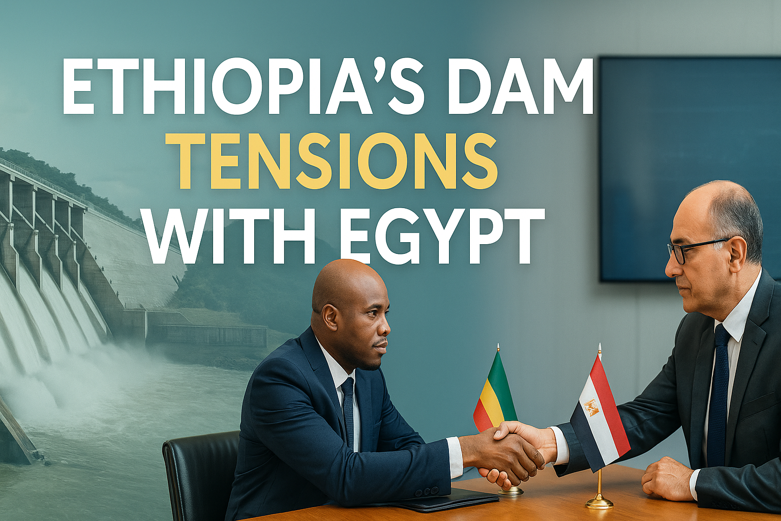 Two diplomats shake hands in front of national flags and a hydroelectric dam, symbolizing Ethiopia dam tensions and the Nile water dispute.