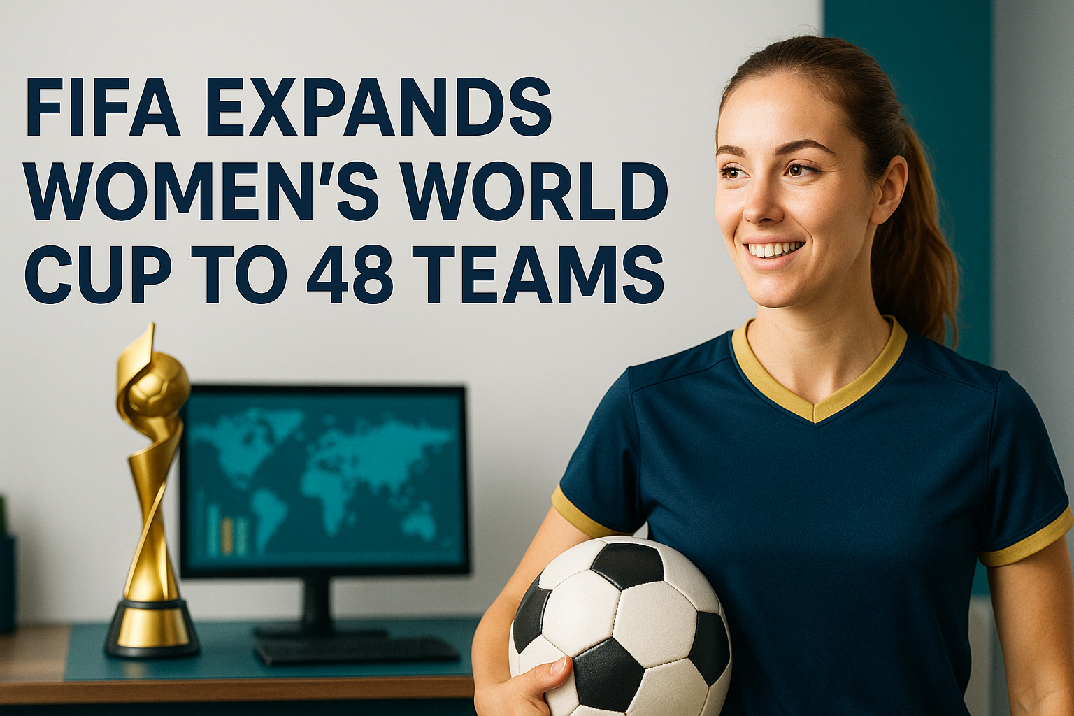 Smiling female soccer player in navy and gold uniform holding a ball, with a bold title announcing FIFA Women's World Cup expansion to 48 teams in 2031.