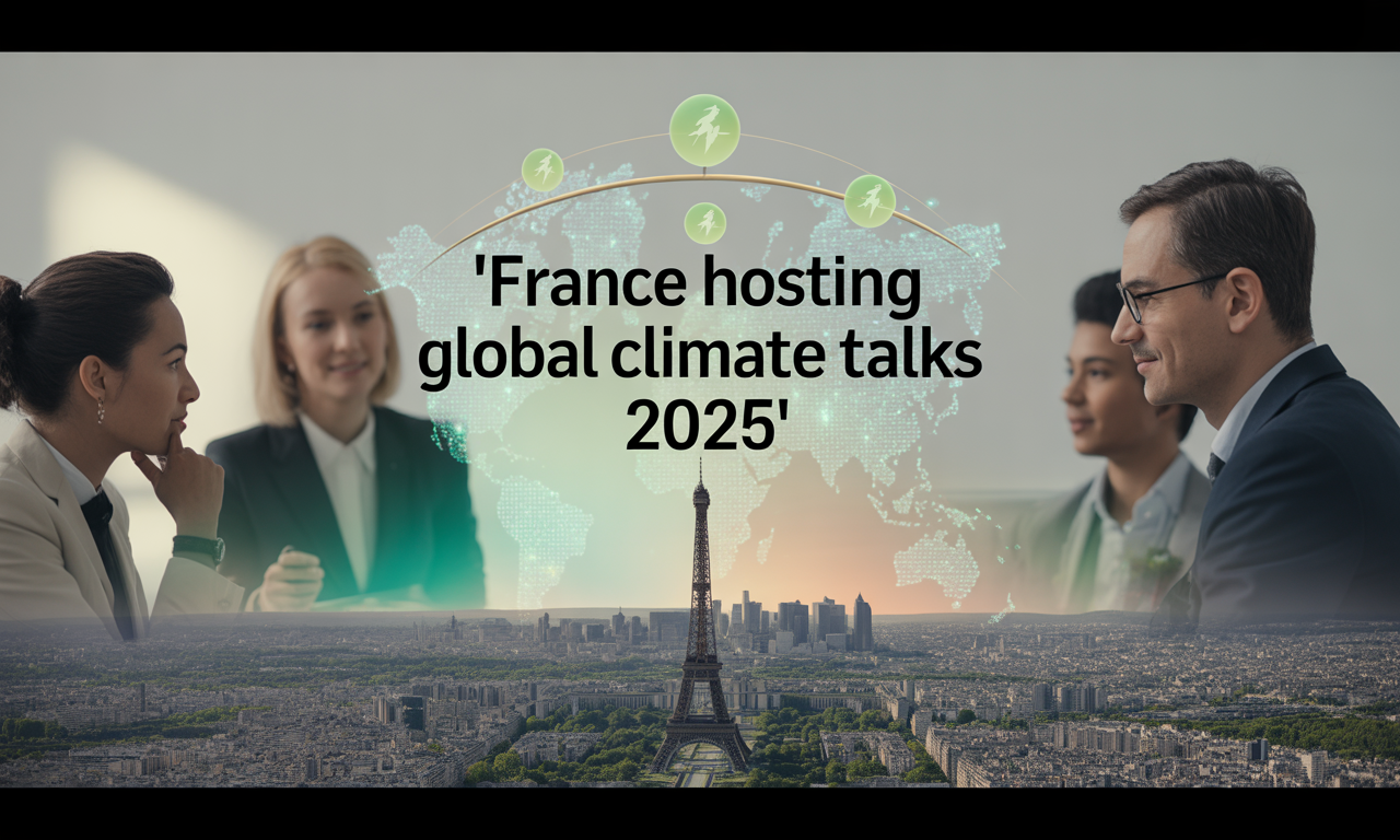 Banner image for article 'France hosting global climate talks 2025' showing international professionals in discussion, a digital world map with sustainability icons, and the Eiffel Tower representing France’s leadership in climate diplomacy.