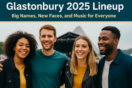 A diverse group of young adults smiling at Glastonbury Festival 2025 with the Pyramid Stage in the background, promoting the Glastonbury 2025 lineup.