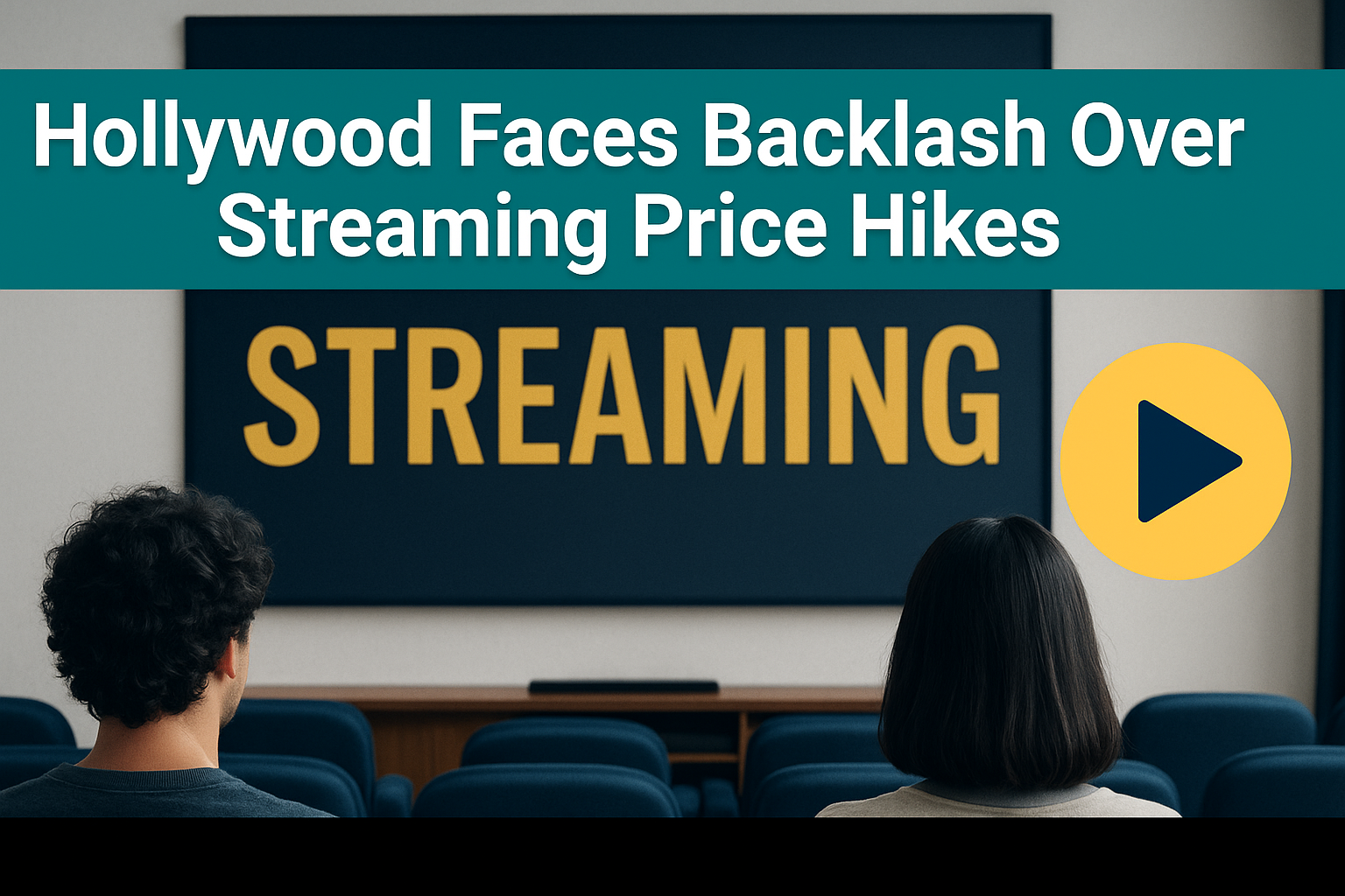 Audience watching a screen with the word “STREAMING” in bold yellow letters, symbolizing Hollywood streaming price hikes 2025.