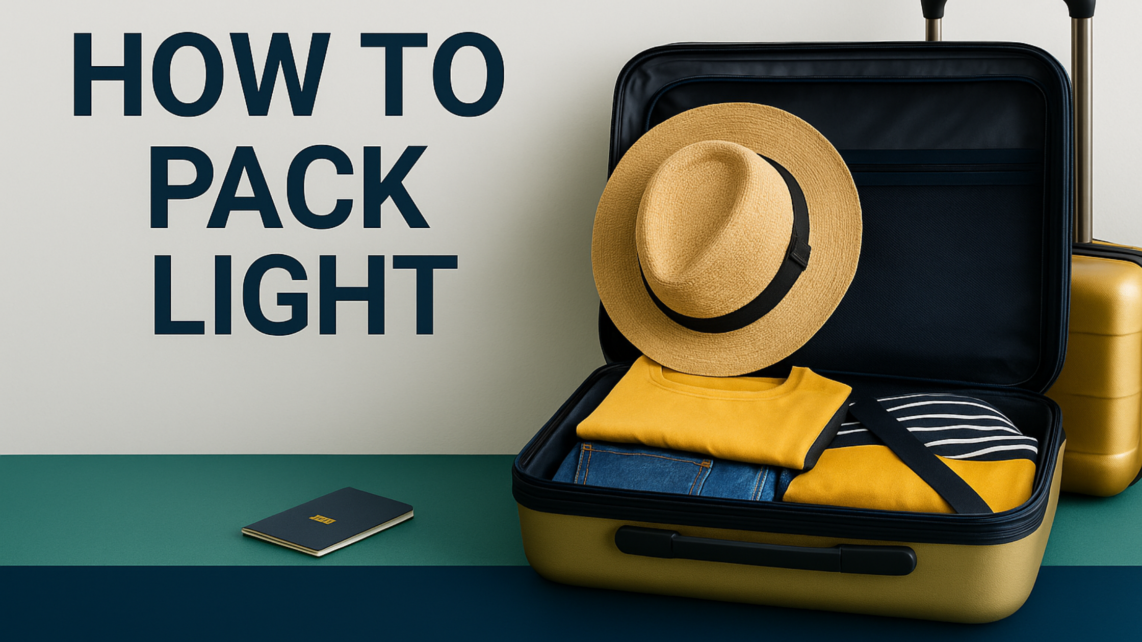 Neatly packed suitcase with essentials and a sun hat on a teal surface, illustrating how to pack light for a stress-free spring getaway.