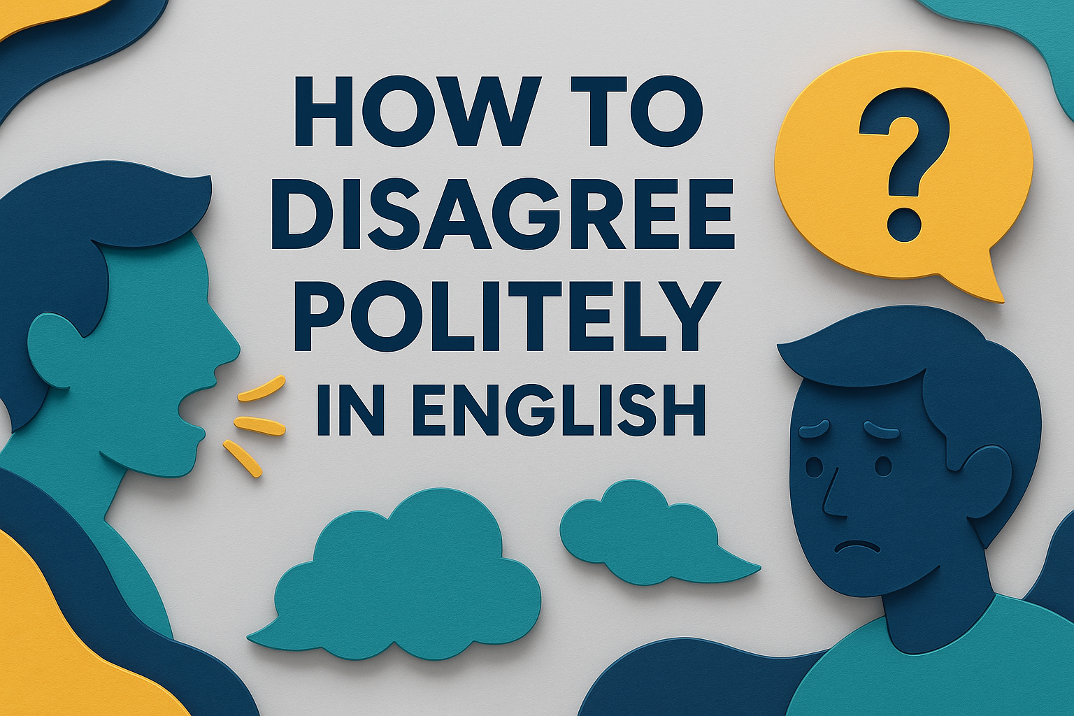 Illustration of two people talking with expressive paper-cut visuals and speech bubbles, representing how to disagree politely in English.
