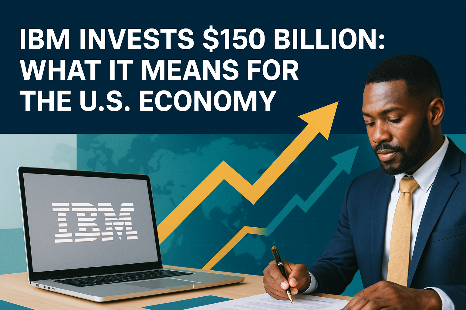 Businessman in navy suit working beside a laptop with the IBM logo, with upward arrows representing growth, symbolizing IBM invests $150 billion in U.S. economy.