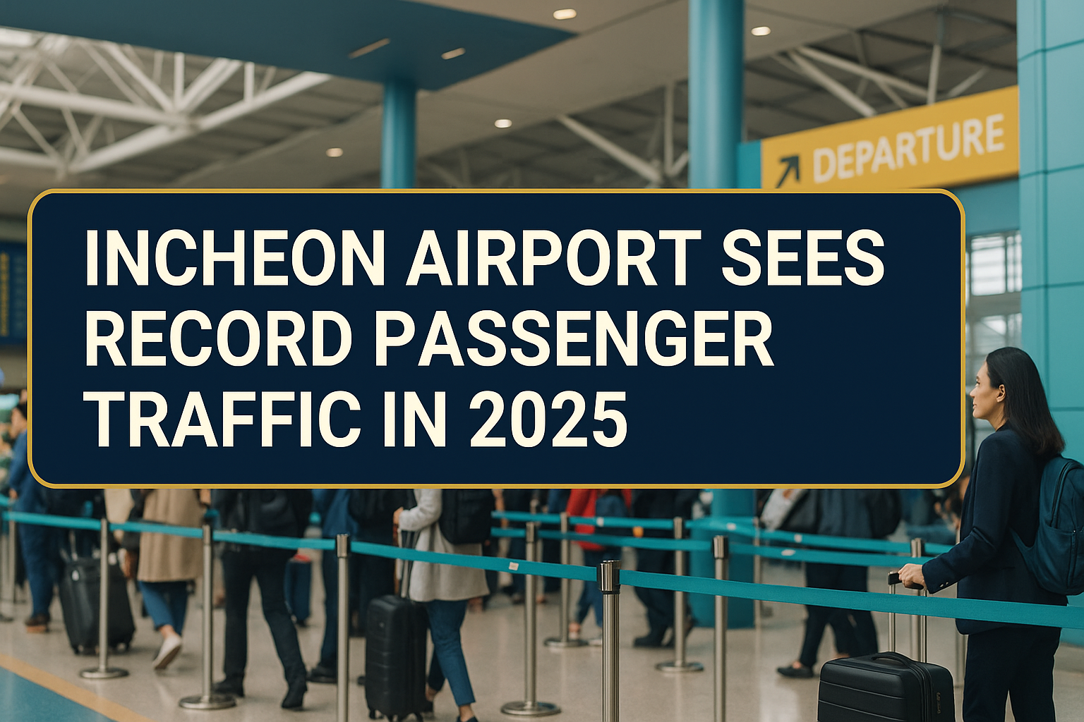 Wide banner image showing Incheon Airport terminal with travelers lining up at check-in, highlighting record-breaking Incheon Airport passenger traffic 2025 amid peak season.