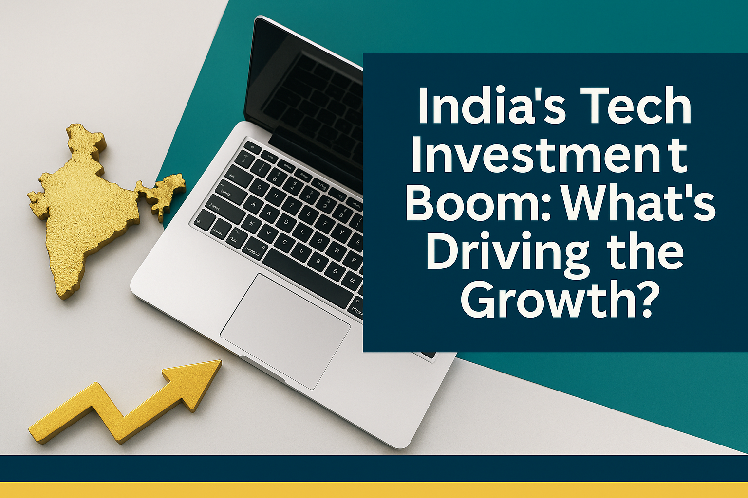 Banner image for article on India tech investment boom featuring a gold India map, laptop, and upward arrow on a teal and gray background