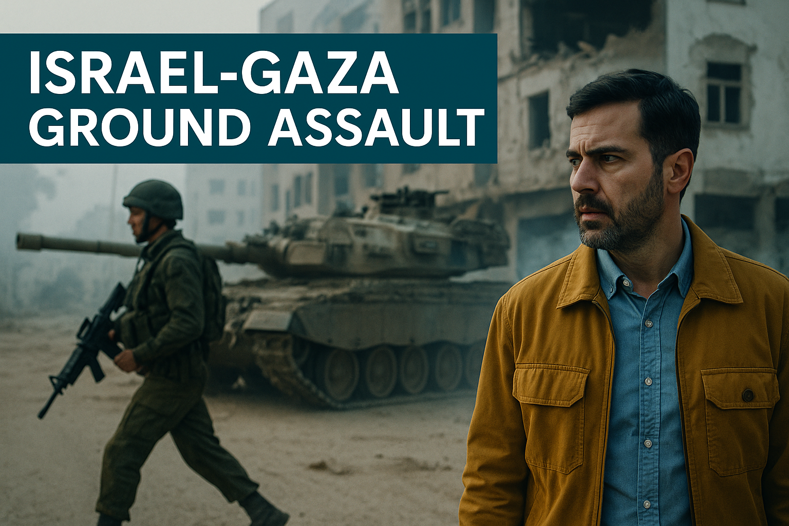 A serious wide-angle photo of a man in a mustard jacket and an Israeli soldier near a tank in Gaza, symbolizing the Israel Gaza ground assault.