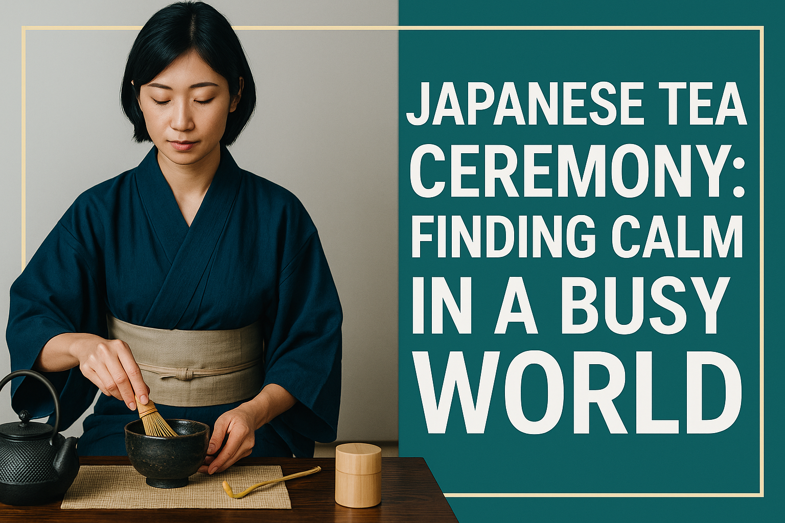 A woman in a navy kimono performs a Japanese tea ceremony, preparing matcha with traditional utensils. The banner includes the text “Japanese Tea Ceremony: Finding Calm in a Busy World” and uses navy blue, soft gold, light gray, and teal brand colors.