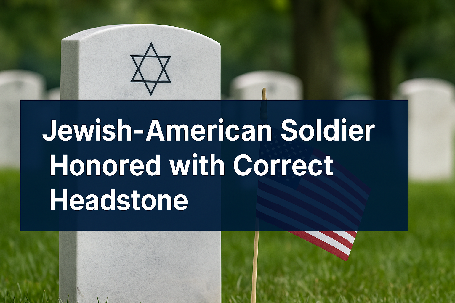 ewish-American soldier headstone correction ceremony showing a gravestone with a Star of David and an American flag in a peaceful military cemetery.