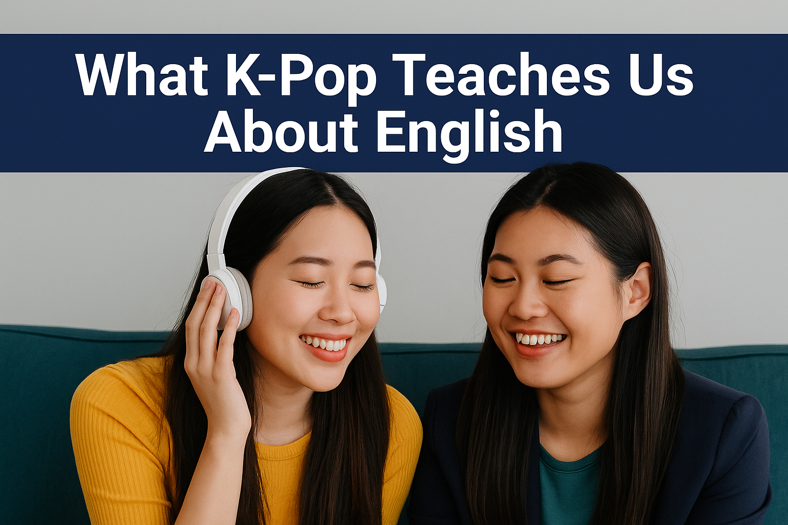 two young women smiling while listening to music on headphones, learning K-Pop English phrases together on a teal couch with a navy title banner.