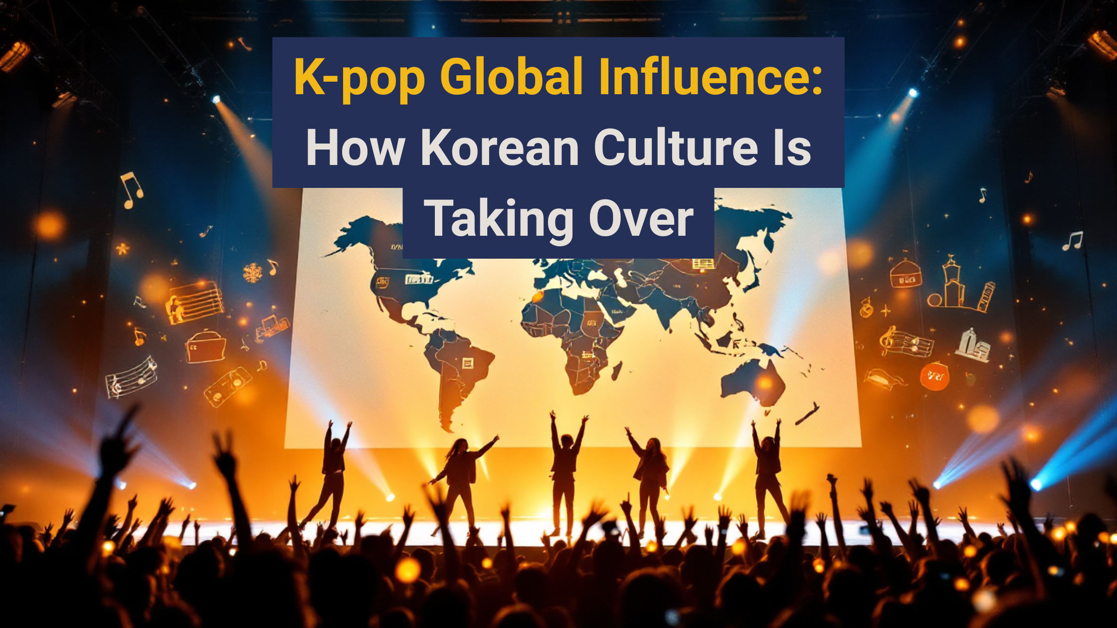Banner image of a K-pop concert stage with performers silhouetted in front of a glowing world map, representing K-pop global influence; title text reads “K-pop Global Influence: How Korean Culture Is Taking Over”.