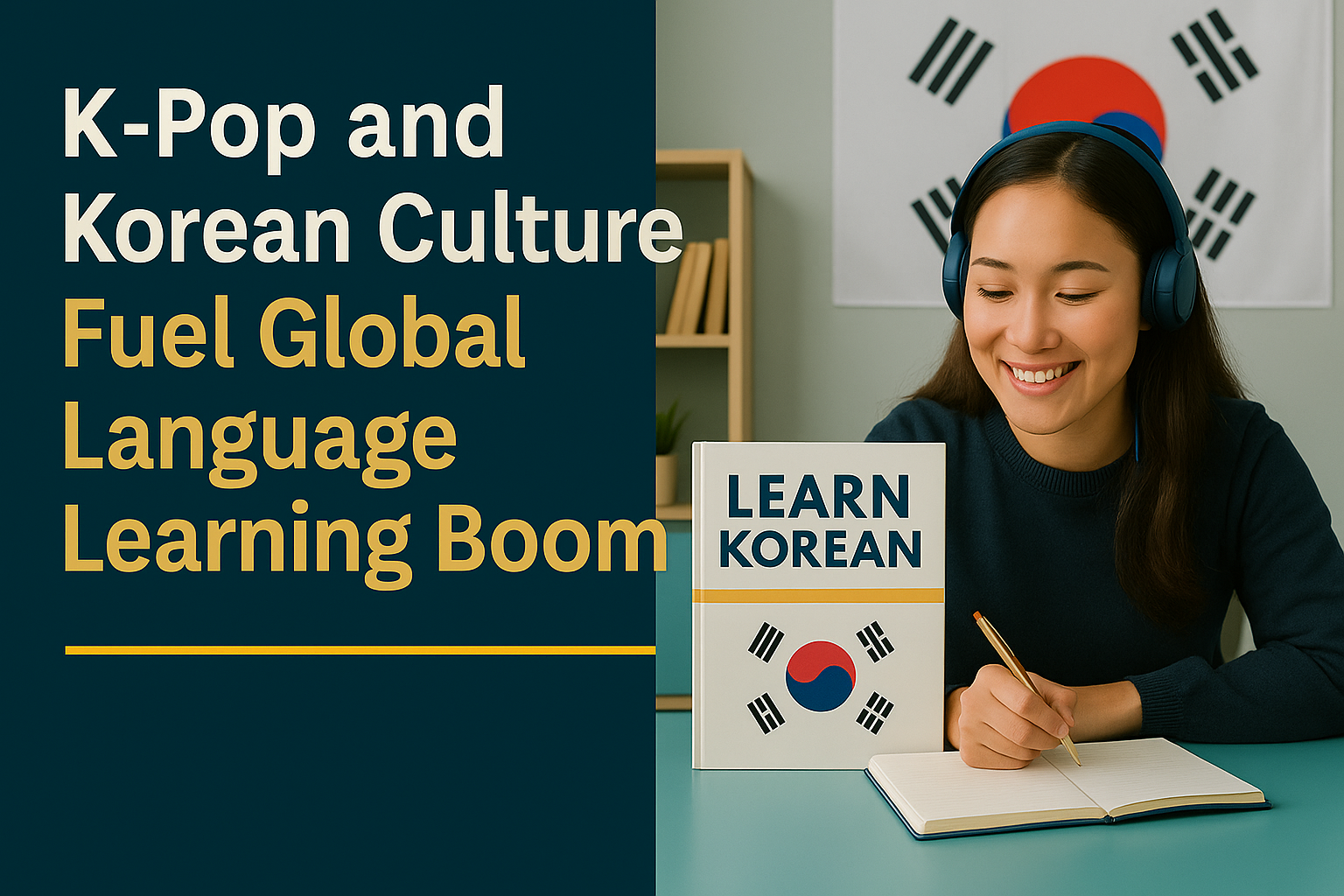 Young woman studying Korean at a desk with headphones on, smiling in front of a Korean flag—illustrating the K-pop language learning boom.