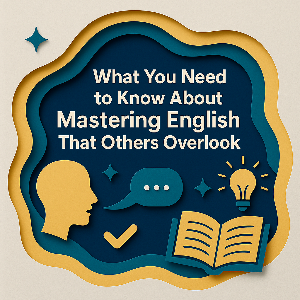 3D paper cut illustration representing the concept of mastering English for busy professionals, featuring layered navy blue, soft gold, and teal elements with icons of a head, speech bubble, light bulb, and open book.