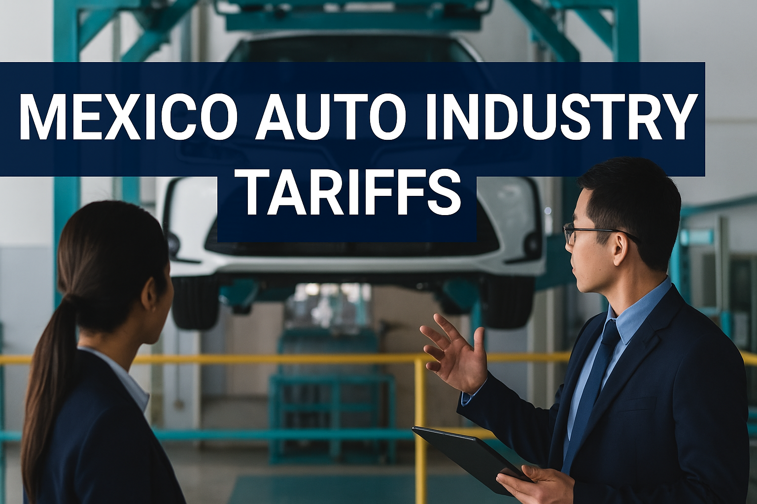 Business professionals in an auto factory inspecting assembly under Mexico auto industry tariffs policy