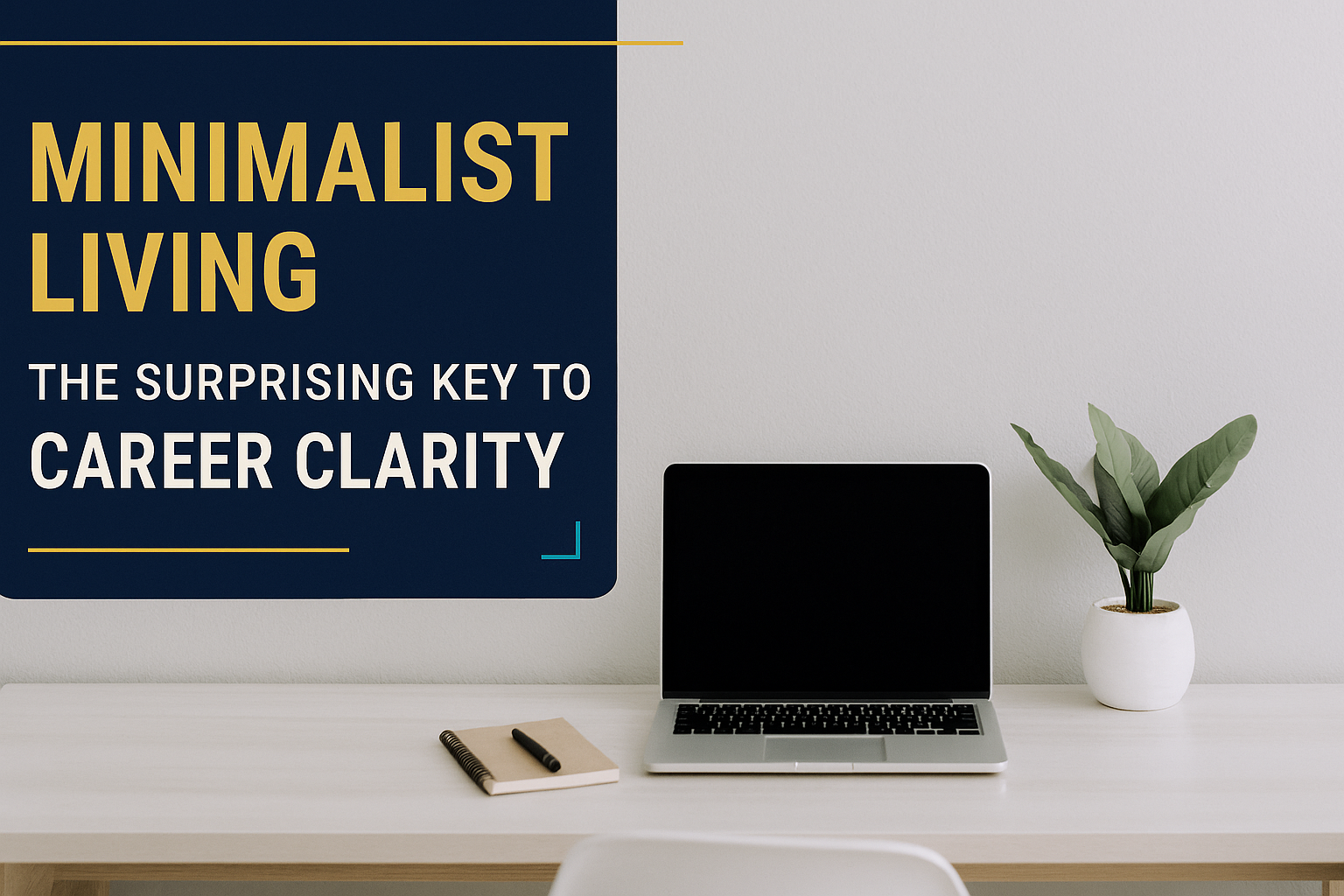 Wide banner image showing a minimalist workspace with a laptop, notebook, and plant—visualizing the concept of minimalist living and career clarity in a professional setting.