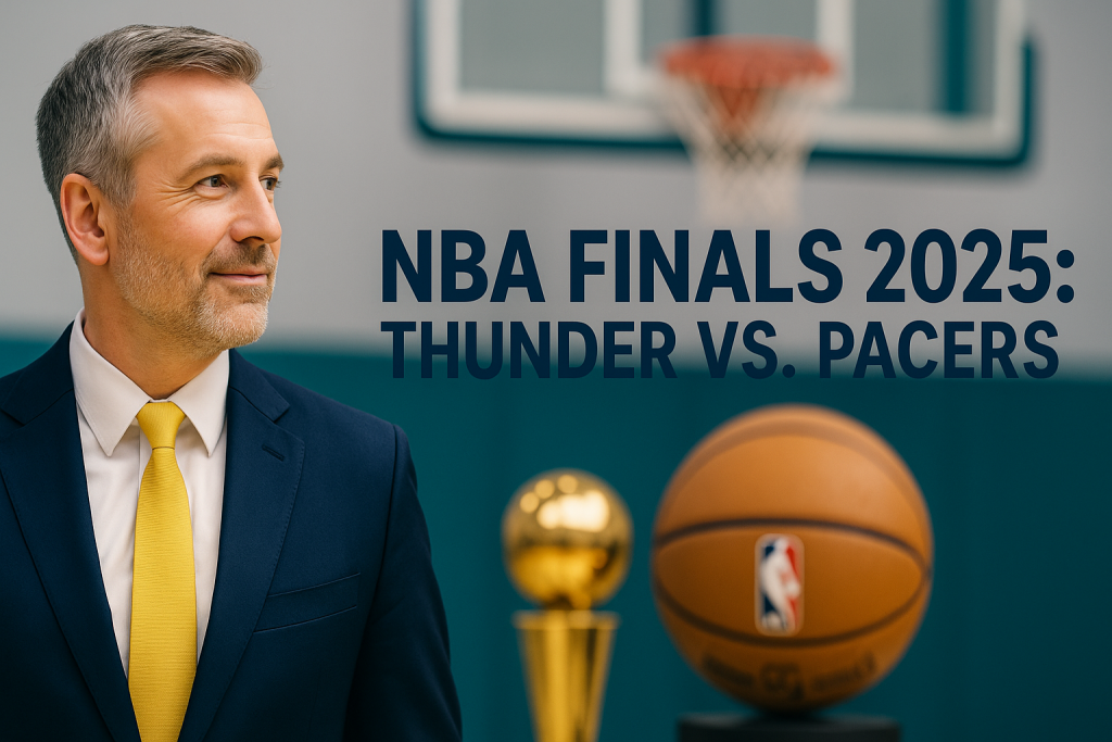 Banner image for NBA Finals 2025 featuring a suited man in navy and gold with a basketball and trophy, highlighting the Thunder vs. Pacers matchup.