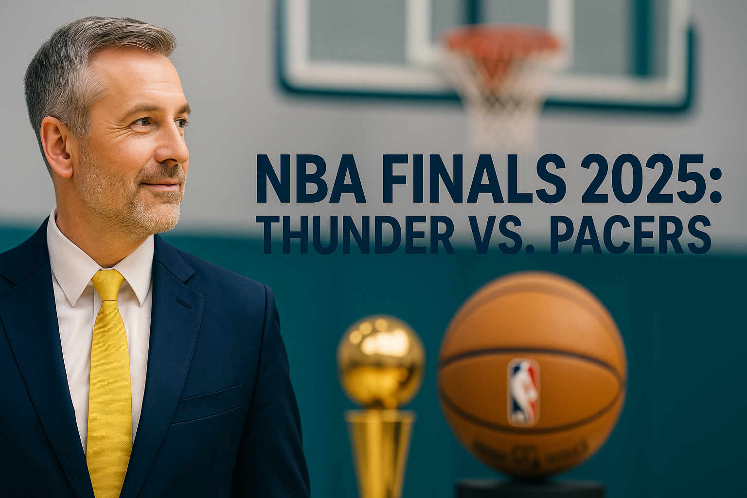 Banner image for NBA Finals 2025 featuring a suited man in navy and gold with a basketball and trophy, highlighting the Thunder vs. Pacers matchup.