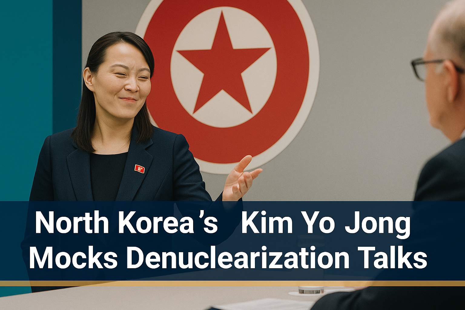 Banner image representing North Korea denuclearization talks, featuring a woman resembling Kim Yo Jong gesturing during a diplomatic meeting, with a North Korean emblem in the background and bold navy-blue headline text across a light gray and teal-accented setting.