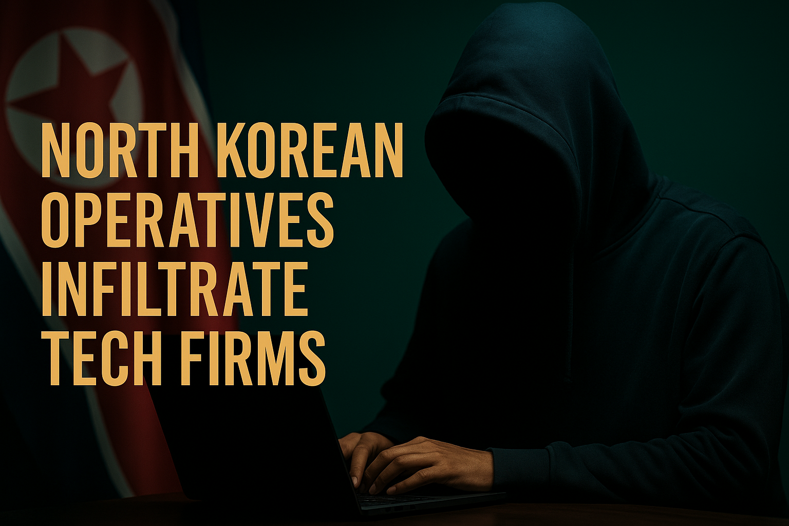 Hooded figure at a laptop in a dark room with a North Korean flag in the background, symbolizing North Korean tech infiltration 2025.