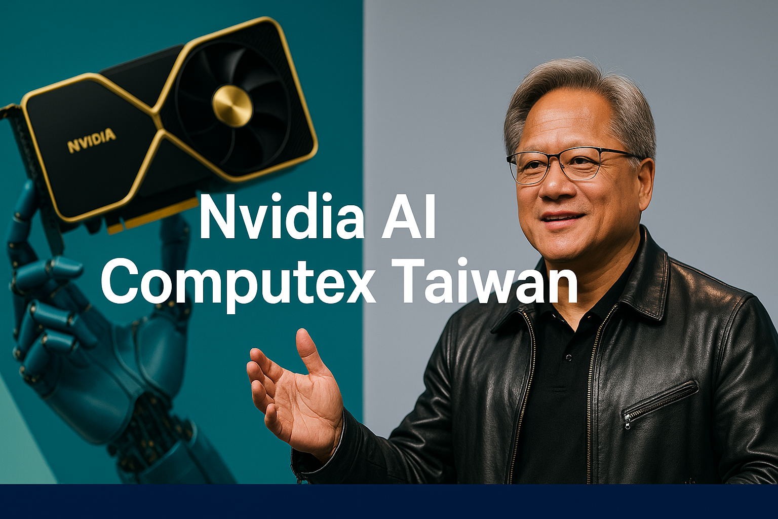 Banner image for the article "Nvidia AI Computex Taiwan" featuring Jensen Huang and a robotic hand holding an Nvidia graphics card.