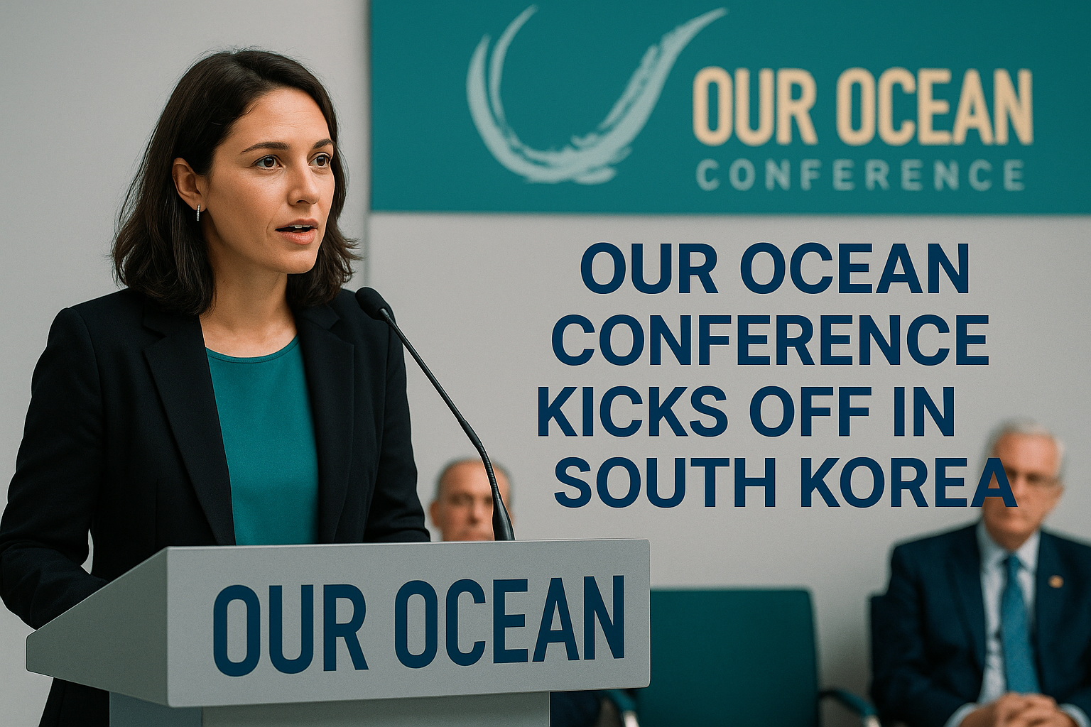 A female speaker addresses attendees at the Our Ocean Conference 2025 in South Korea, highlighting global marine protection efforts.