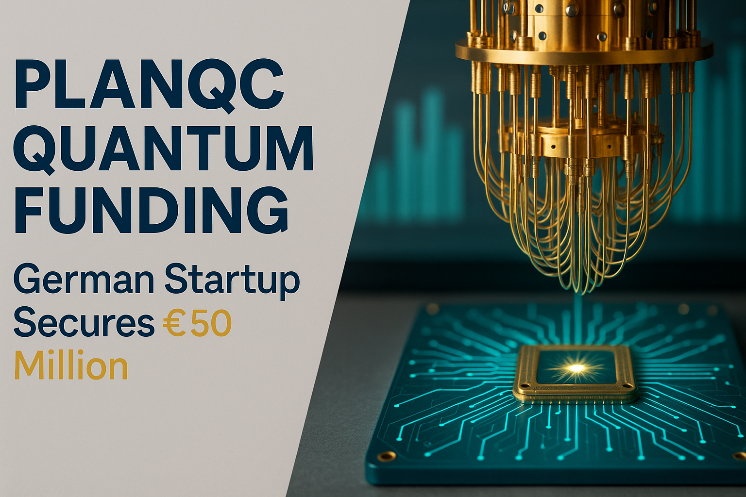 Banner image showing Planqc quantum funding announcement, with modern quantum chip and golden cooling apparatus, symbolizing Germany's tech investment.