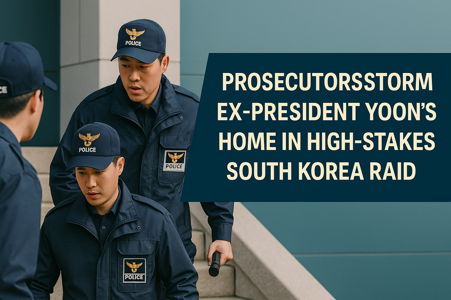 Prosecutors Storm Ex-President Yoon’s Home — three Korean police officers in navy uniforms ascend steps during a high-profile raid, with bold headline text announcing the prosecutors' storming of ex-President Yoon's home.